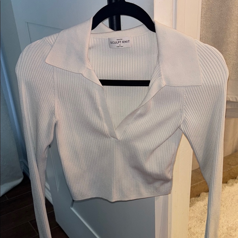 Aritzia White Ribbed Knit Blouse